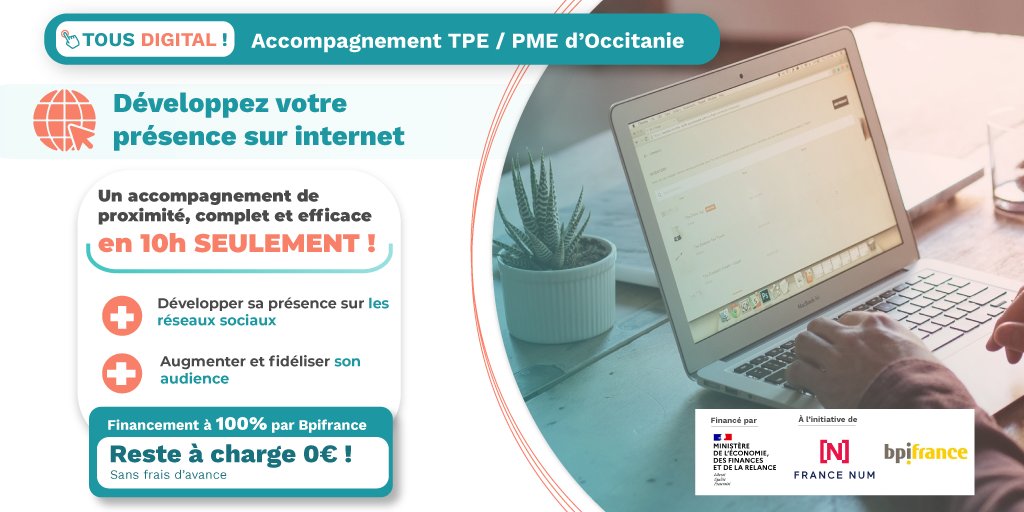 [#TransfoNum]TPE / PME d'#Occitanie, vous en avez assez de ne pas être visible sur le #web ? 🌐

👉 Augmentez votre notoriété grâce à l'accompagnement "Développer sa présence en ligne" conçu par #TOUSDIGITAL! (<a href="/CoperBee/">CoperBee</a>,<a href="/dijinov/">Dijinov</a>, @CMAR_Occitanie) sur zurl.co/dMKk ! 🚀