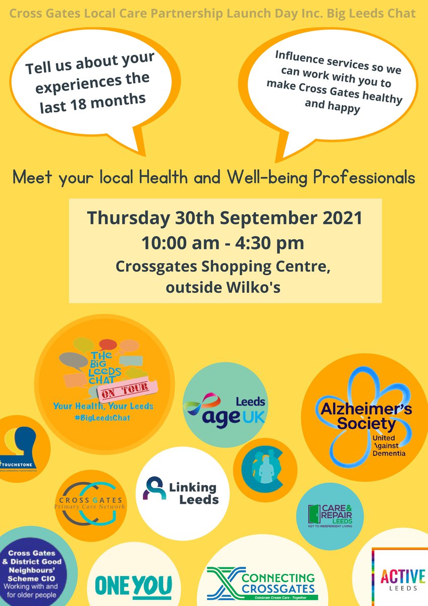 CROSS GATES LOCAL CARE PARTNERSHIP LAUNCH DAY This Thursday outside Wilko's in the shopping centre. This is an opportunity for you to speak to your local health & wellbeing professionals and to help make Cross Gates happier and healthier!