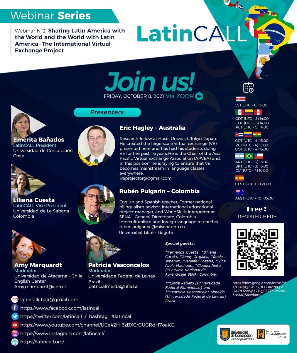 LatinCALL welcomes you to webinar 2 series!
Please join us October 8th, 2021 UTC 19:00. Presenters Ruben Pulgarin &amp; Eric Hagley will discuss interculturalism, Virtual Exchange, &amp; language learning in the context of international education. 
Registration:
docs.google.com/forms/d/e/1FAI…