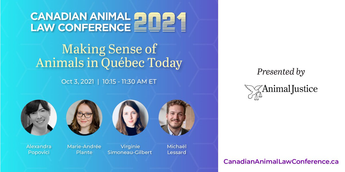 Join us for 'Making Sense of Animals in Québec Today', a #CALC panel exploring the legal, linguistic & socio-historical issues that underlie Québec's animal law reform. Ft. Alexandra Popovici, @maplante, @milessard, Virginie Simoneau-Gilbert! Register ➡️ canadiananimallawconference.ca
