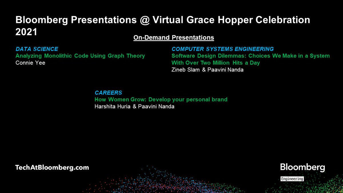TechAtBloomberg's tweet photo. Check out the 3 different presentations about #DataScience, #ComputerSystemsEngineering & #Careers that some of our female software engineers have recorded for #vGHC's @AnitaB_org On Demand Studio
#vGHC21 #GHC21 https://t.co/PbLG74KBks
