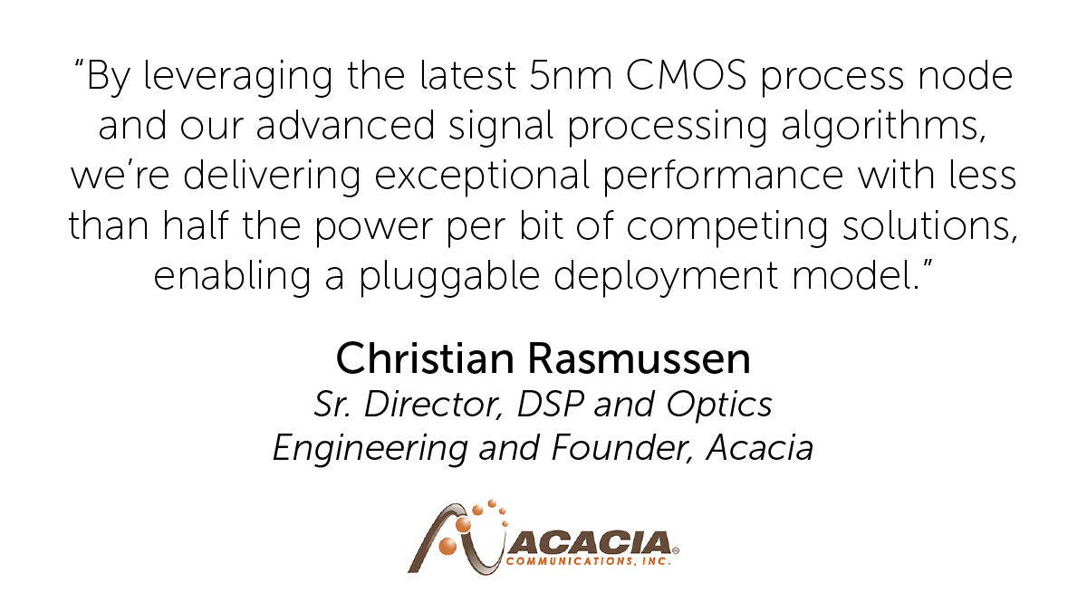 AcaciaComms's tweet photo. Acacia ups the ante in the industry with its new Jannu #5nm #CMOS #DSP #ASIC, enabling the industry’s first 1.2T faceplate pluggable #coherent module. #multihaul https://t.co/cprGw286Rz https://t.co/WkRs4G6FF6