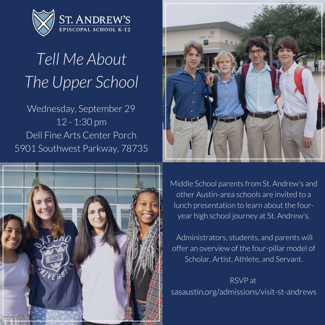 Interested in St. Andrew's Upper School? You're invited to a lunch presentation to learn all about the high school journey at SAS! We hope to see you on Wednesday. If you have any questions, please contact Malia Aycock at maycock@sasaustin.org. #sasaustin