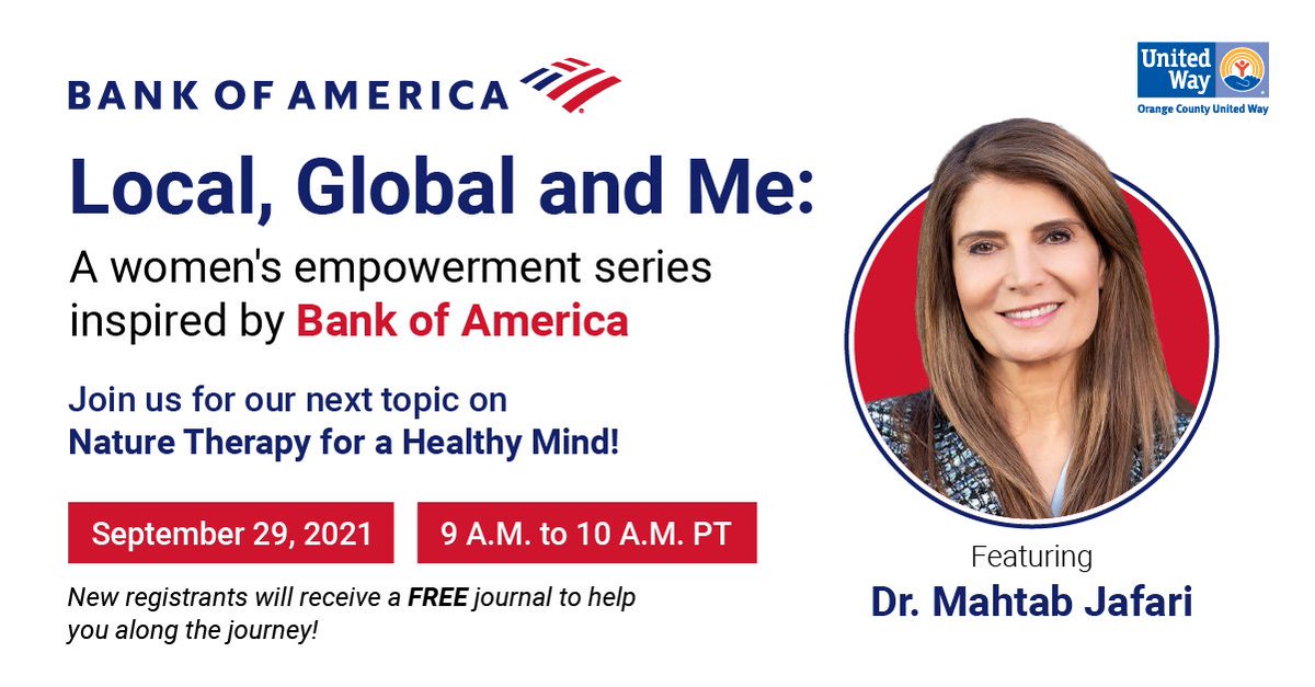 unitedwayoc's tweet photo. Last chance to RSVP for the next event in our #LocalGlobalMe Women's Empowerment Series inspired by @BankofAmerica. This month's topic is Nature Therapy for a Healthy Mind. Register for this no-cost, virtual event at: https://t.co/DrEXh9vG4K.
#WomenUnitedOC https://t.co/0wVXfmnr0c