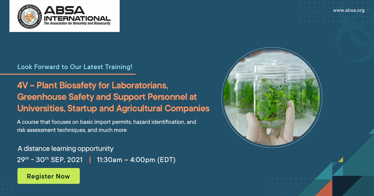 ABSAOffice's tweet photo. Here's a Webinar on Plant Biosafety for you!
Know more and register: https://t.co/ijMkEvrRoB
#absainternational #biosecurity #biosafety #internationalsafety #biologicalsecurity #organization #learning #webinars https://t.co/qW64Ponylb