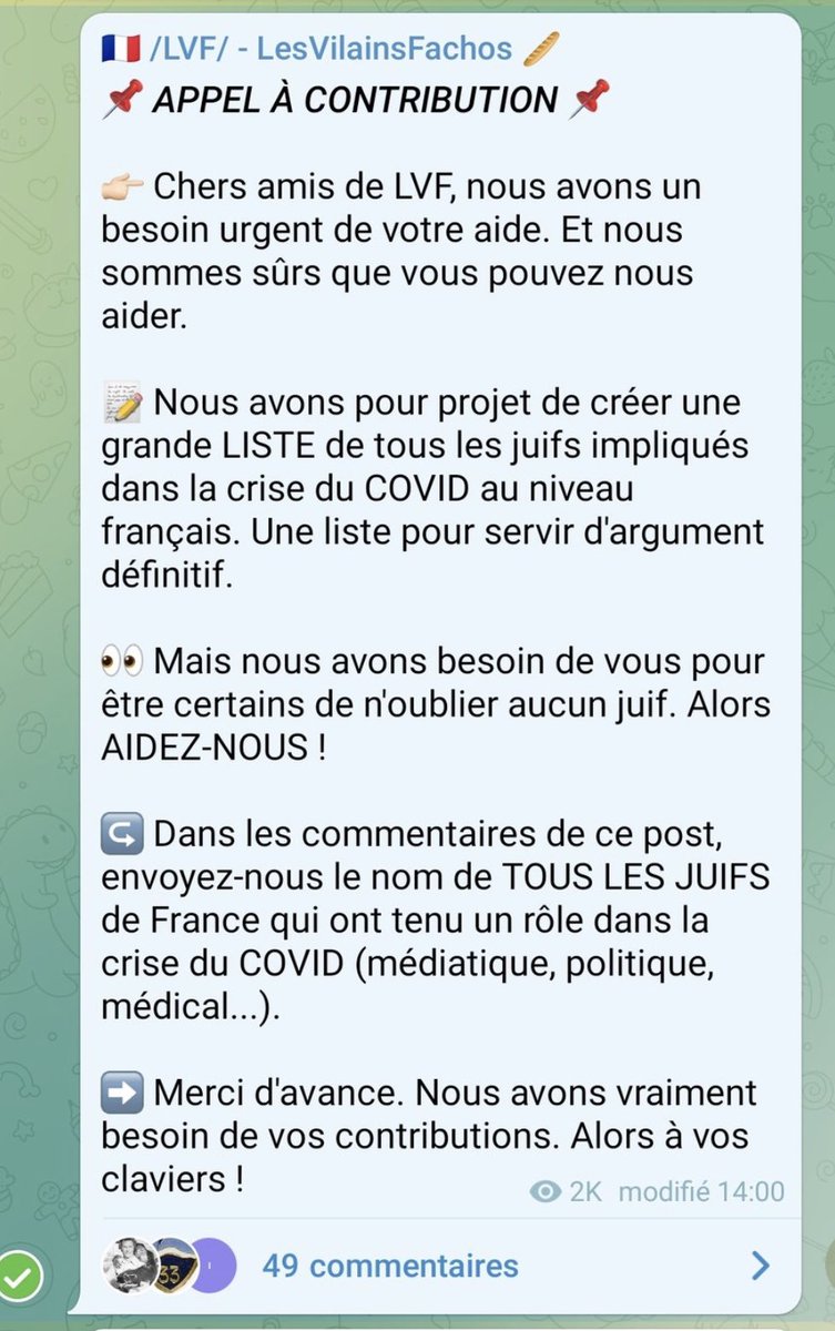T_Bouhafs's tweet image. 🚨 Un groupe Telegram d’extrême droite fait des listes de juifs. 

Dans ce groupe on retrouve énormément de contenu faisant l’apologie du nazisme, de l’antisémitisme, de l’islamophobie et de la negrophobie. 

(J’ai masqué les noms)