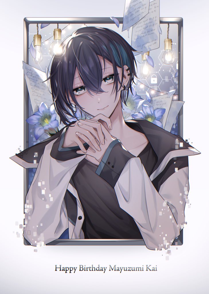 male focus 1boy solo black hair flower jewelry smile  illustration images