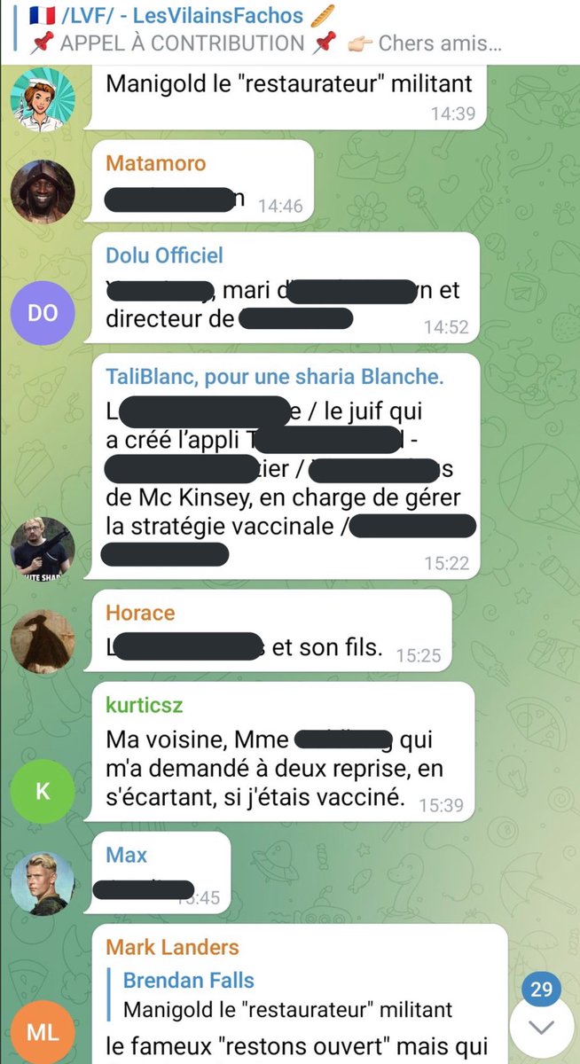 T_Bouhafs's tweet image. 🚨 Un groupe Telegram d’extrême droite fait des listes de juifs. 

Dans ce groupe on retrouve énormément de contenu faisant l’apologie du nazisme, de l’antisémitisme, de l’islamophobie et de la negrophobie. 

(J’ai masqué les noms)