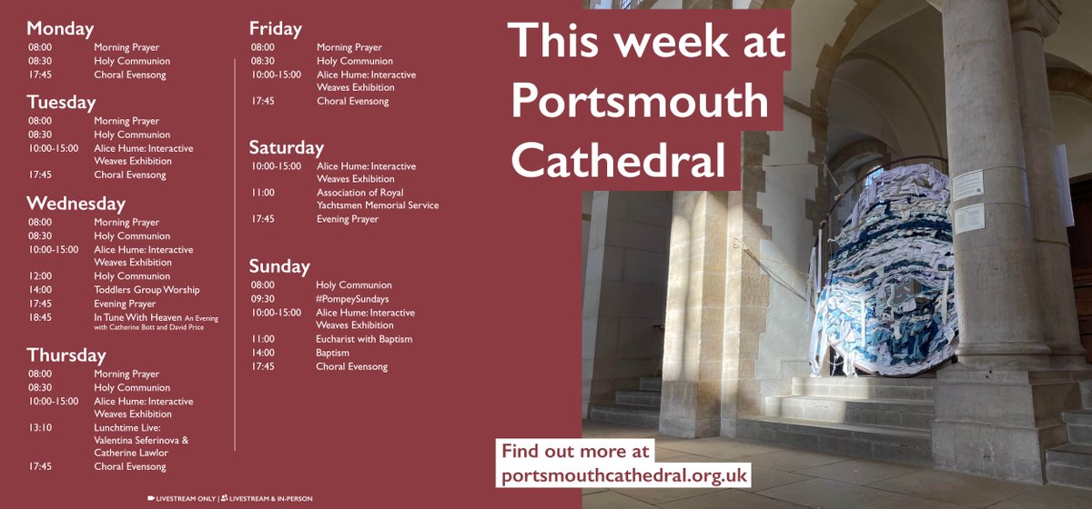 PortsmouthCath's tweet photo. This week we welcome you to visit our ongoing exhibition in partnership with @hotwallsstudios Interactive Weaves by Alice Hume. Tickets are also available for this Wednesday's 'In Tune with Heaven' as part of our #SingJoyfully music campaign https://t.co/dZE5TPUfmu https://t.co/UYbczDcon4