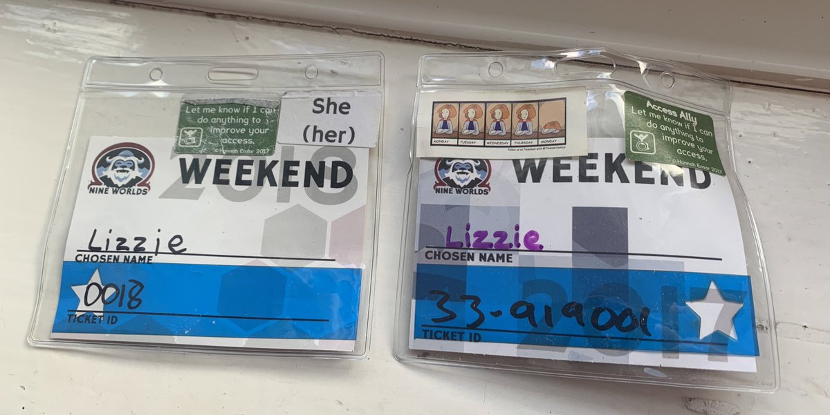 LizzieCharlton's tweet photo. While doing some tidying I got some #nineworlds based sad after I found my passes from 2017 and 2018 🥺🥺🥺🥺
(by the way, these have been my gold standard for gathering stuff. So much useful and accessible information) https://t.co/rzqICrFqdL