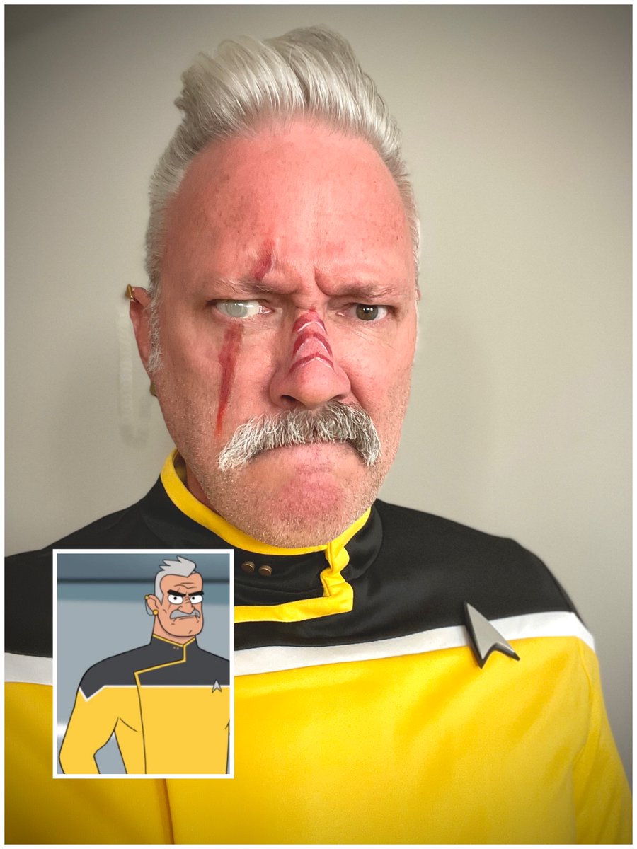 bobkieffer's tweet photo. Star Trek: Lower Decks Lt. Shaxs full suit up. I’m pretty happy so far (aside from my terrible makeup application and this horrible scleral contact lens). Shaxs is BACK, baby!!!!! @MikeMcMahanTM and @FredTatasciore, what do you guys think? https://t.co/wFhp6vqQ30