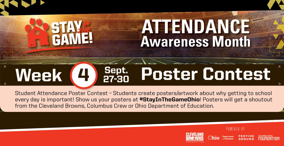 OHEducation's tweet photo. 🎨 We want to see the attendance artistry from your class! Share student posters/artwork about the importance of learning every day.

Tag @SITG_Network and use #StayInTheGameOhio for a chance to be recognized by the Cleveland Browns and the Columbus Crew. https://t.co/c9kYTV9SqU