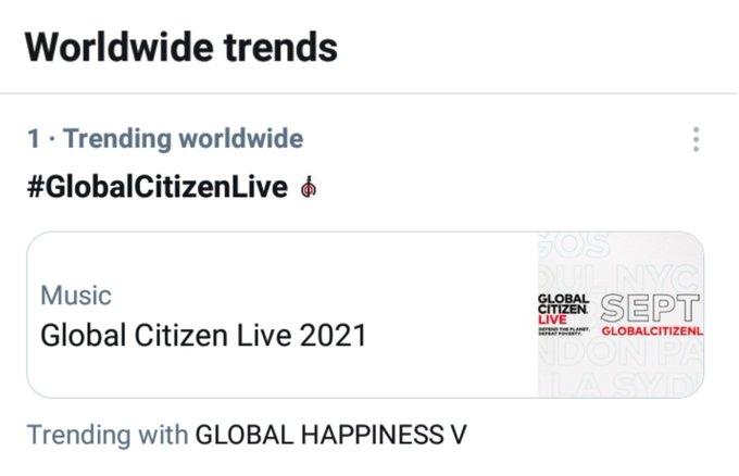 Following #BTS' performance at #GlobalCitizenLive and after GLOBAL HAPPINESS V was trending worldwide along with #GlobalCitizenLive, fans inspired by #V's kind heart, collected many donations for the worthy cause which strives to end poverty, hunger &amp; provide vaccines!👏👑💜