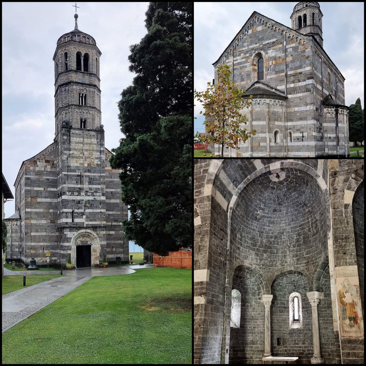 Santa Maria del Tiglio a Gravedona #Lombardia, #Italia ,XII secolo, è un cubo prezioso, coperto da un tetto a due salienti, una per ogni lato “minore”; in facciata, la chiesa presenta un alto e prezioso campanile. beforechartres.blog/2021/02/21/gra… 
#architecture #art @sorelladomenica