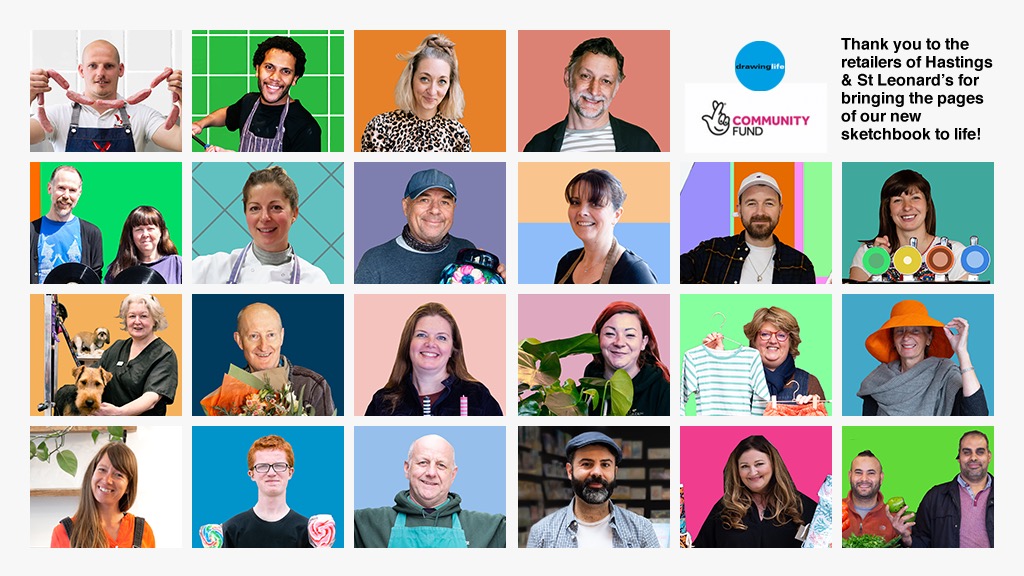 Thank you to @Caitlin_Lock for taking these wonderful portraits, to #FastPrint for the fantastic print job, and to the retailers of Hastings and St Leonard’s for bringing the pages of our new sketchbook to life! Order your free copy through our website: drawinglife.org