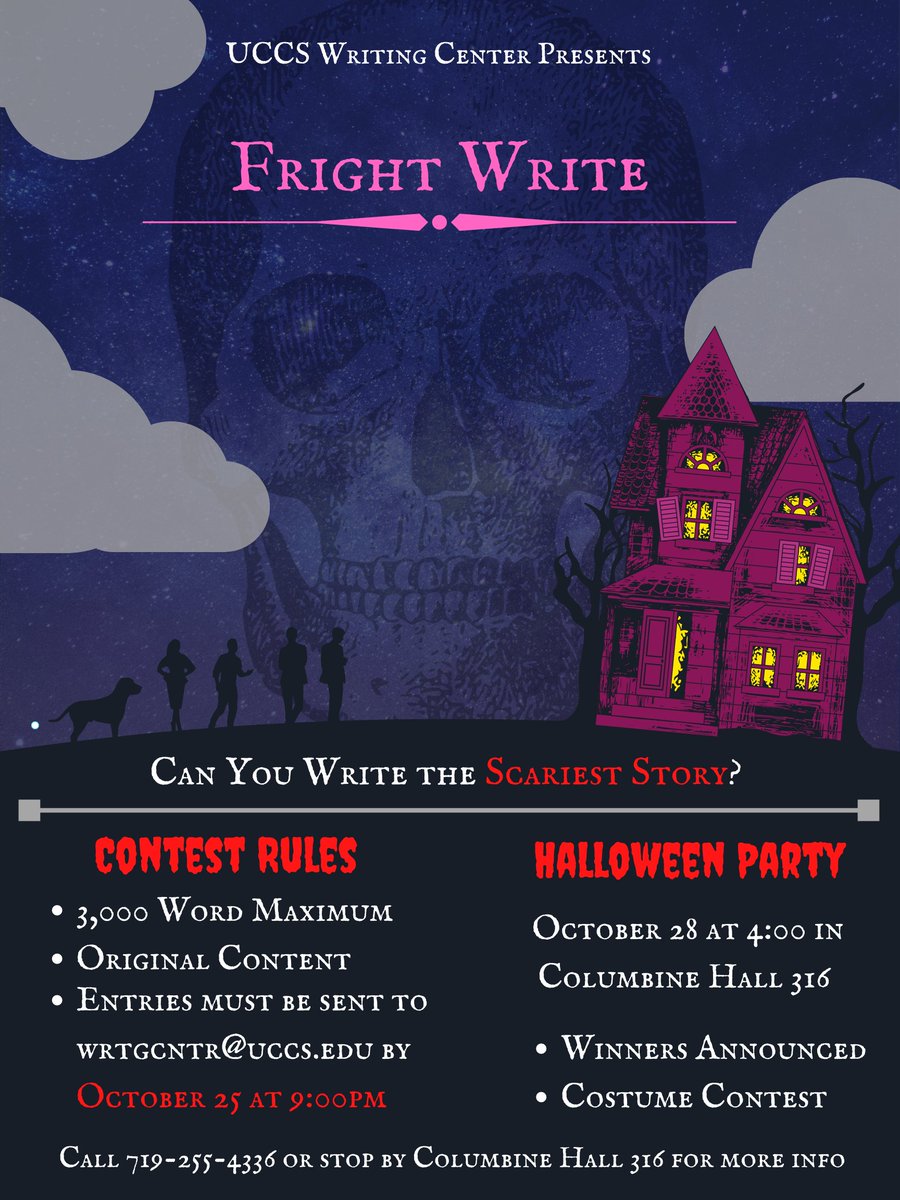 UCCSWritingCntr's tweet photo. Fall is here, and so are we #UCCS! Stop by for Writing Assistance, and consider participating in our annual #FrightWrite scary story competition! https://t.co/HeoBzPzrNw