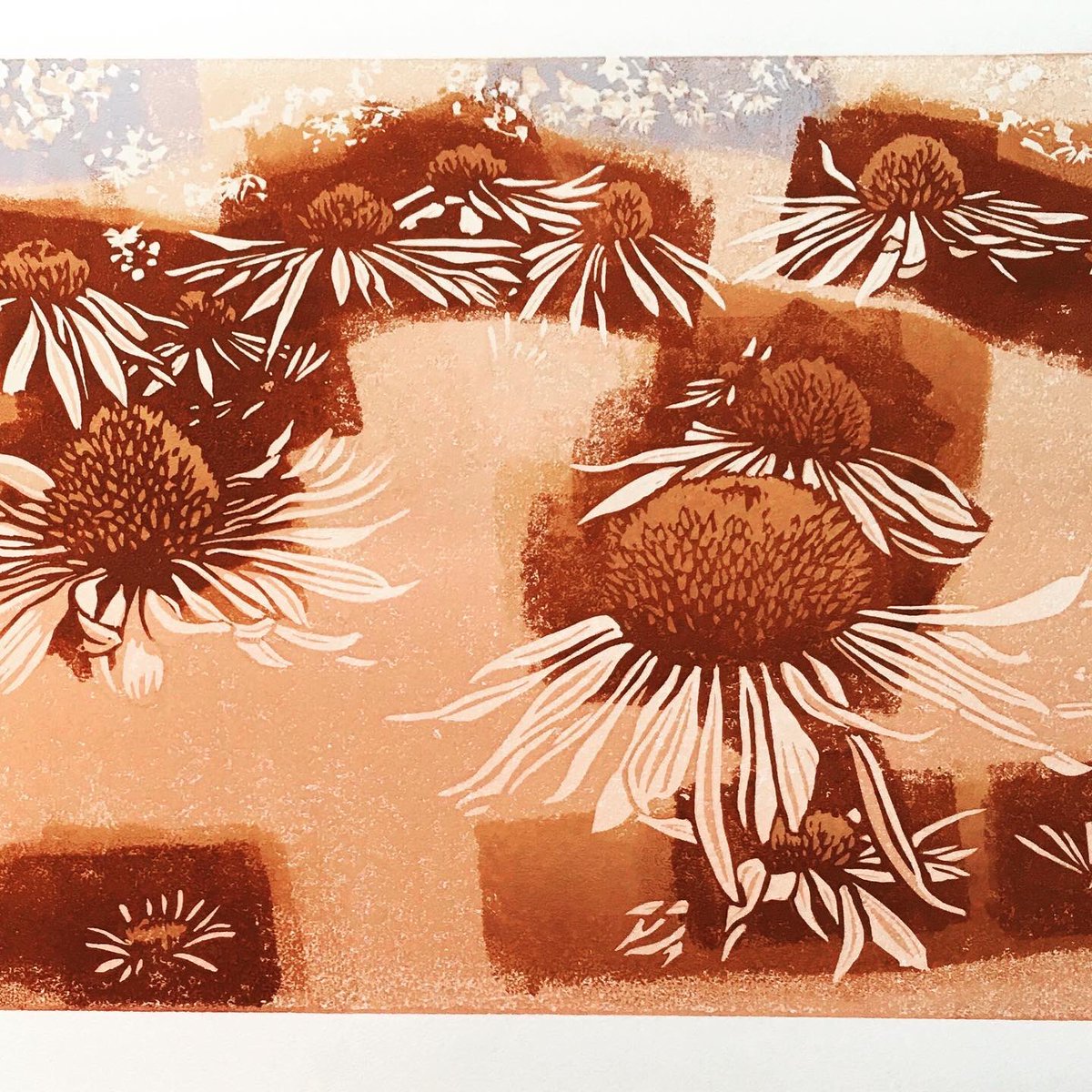 susenoble's tweet photo. Slightly more progress on my next echinacea print…4 layers in, 3 to go…maybe 🤔
#saltburnprintmaker
#reliefprint
#reductionprint
#printmakersofinstagram
@ukprintmakers
#echinaceaprint
#echinacea
#linocutprint
#limitededition
#sunseekerechinacea
#printinprogress https://t.co/5JbuqkAHS9
