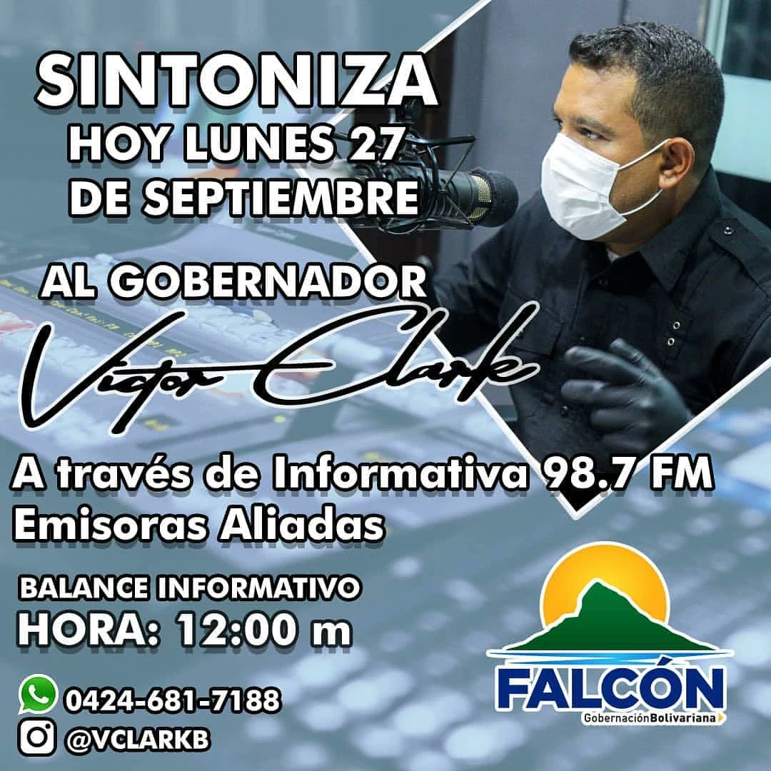 puertosdefalcon's tweet photo. Este lunes #27sep nuestro gobernador Víctor Clark Boscán estará ofreciendo su acostumbrado balance con información importante 💙💙 ¡Atentos!

#Venezuela #Falcón https://t.co/pMWmolaZjF