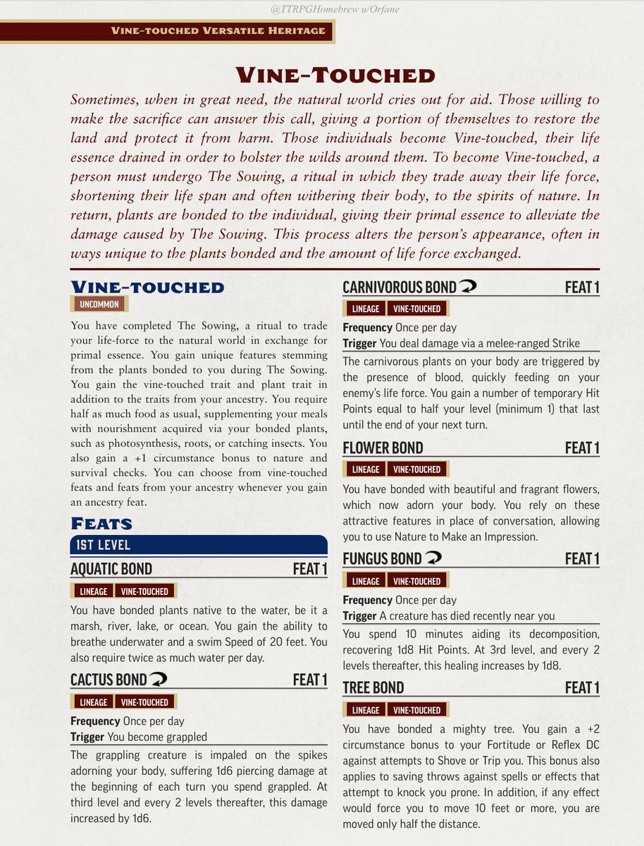 One of my "salvaged" projects: a versatile heritage to let any ancestry incorporate plant features. Still a WIP with only level 1 feats drafted, so happy to receive feedback!

#Pathfinder2e #ttrpg