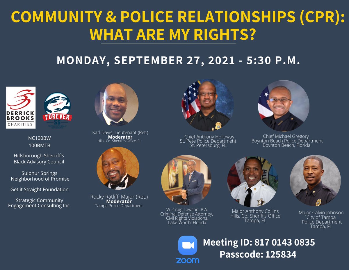 Derrick Brooks Charities (<a href="/DB5510/">Derrick Brooks Charities</a>) will host another Community and Police Relationship session this evening at 5:30pm. Join this critical conversation on Zoom and hear from a great group of panelists focused on uplifting our community. #Forever55
