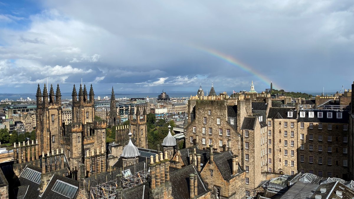 camobscura's tweet photo. The highlight of a day filled with sun and rain...an afternoon rainbow spotted from our rooftop terrace 🌈 Has anyone been up Calton Hill to look for the pot of gold yet? 👀⚱️ #royalmile #edinburgh #rainbow https://t.co/zEN6nJ1fC2