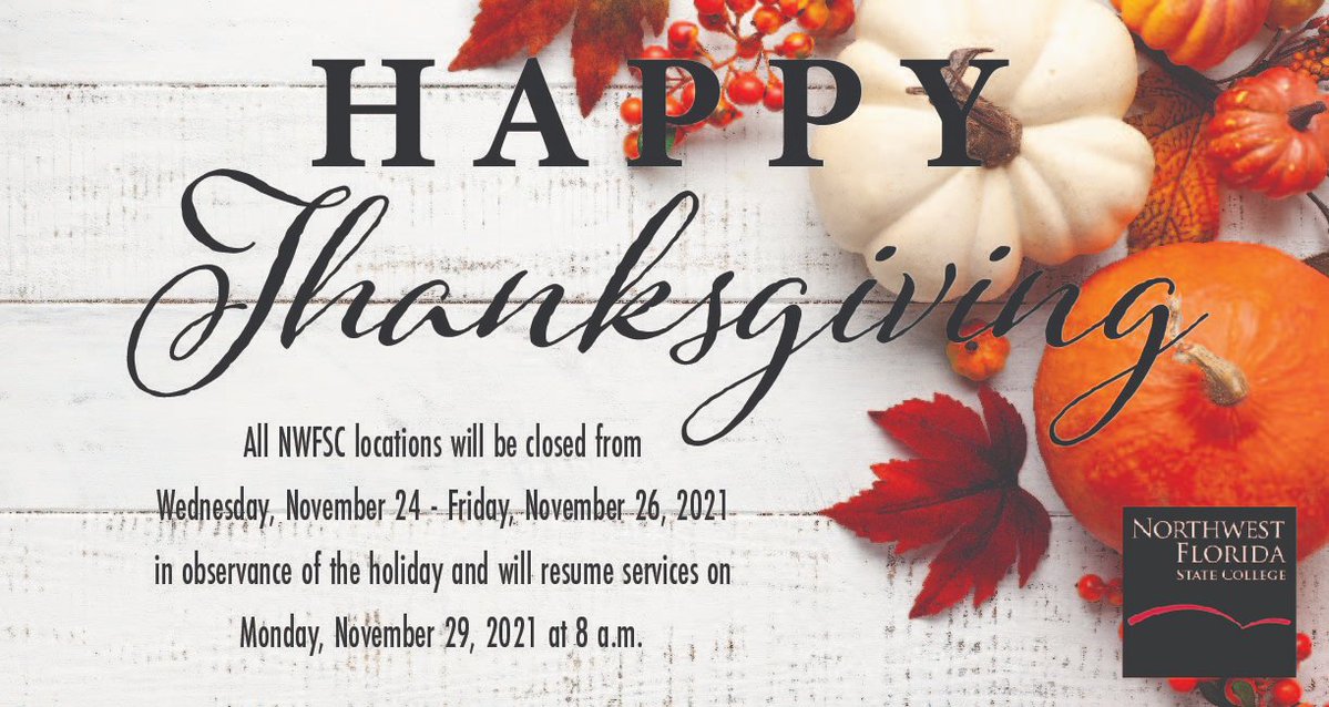 All NWFSC locations will be closed from Wednesday, November 24 - Friday, November 26, 2021 in observance of the holiday. Normal services will resume on Monday, November 29, 2021 at 8 a.m.