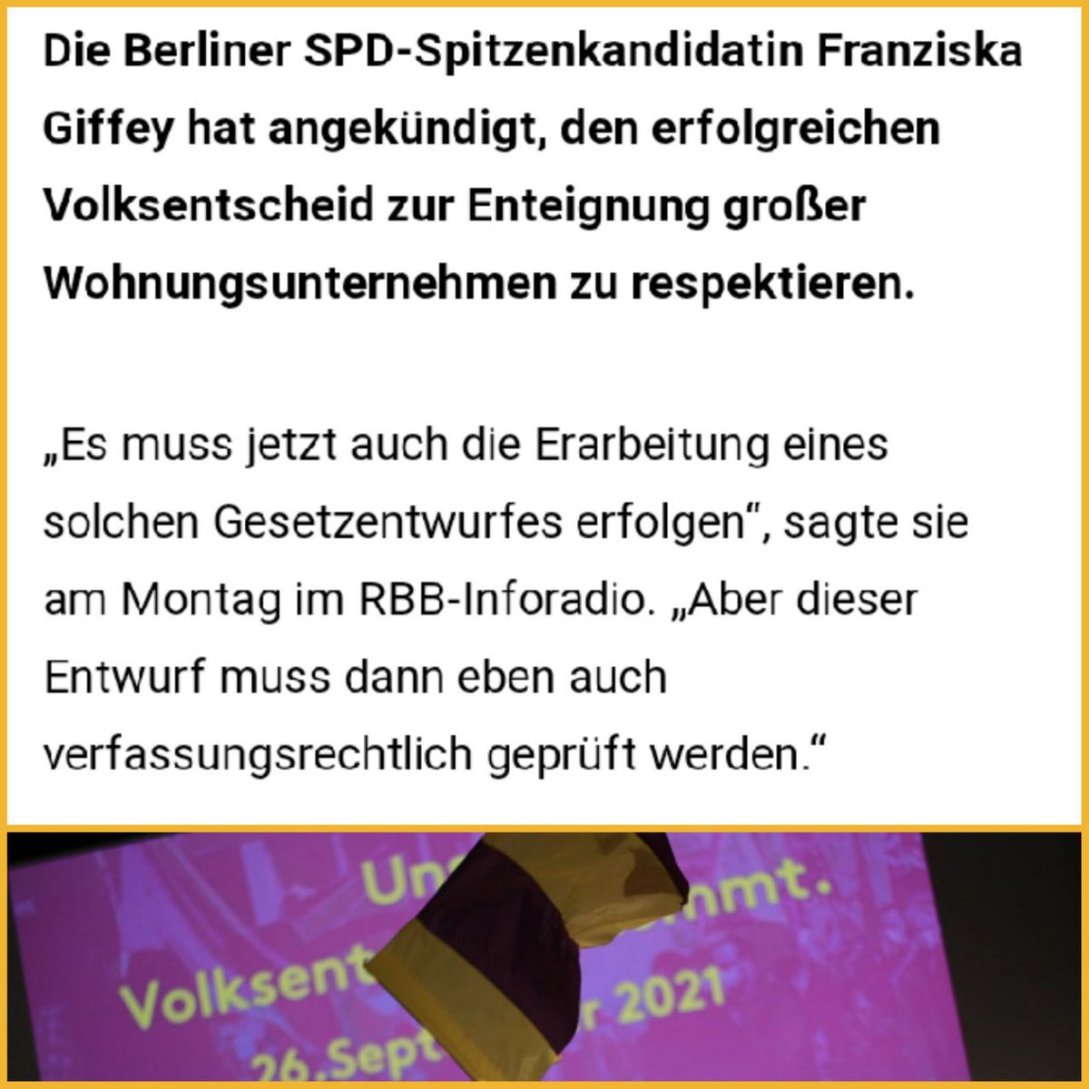 Wir verlassen uns nicht darauf, dass #Giffey das Ergebnis unseres Volksentscheid respektieren will.

Die klare Mehrheit der Berliner:innen will die Vergesellschaftung! 😍 Wir werden weiter arbeiten, damit sie umgesetzt wird.

Denn wir wollen bezahlbare Mieten für alle 💛💜