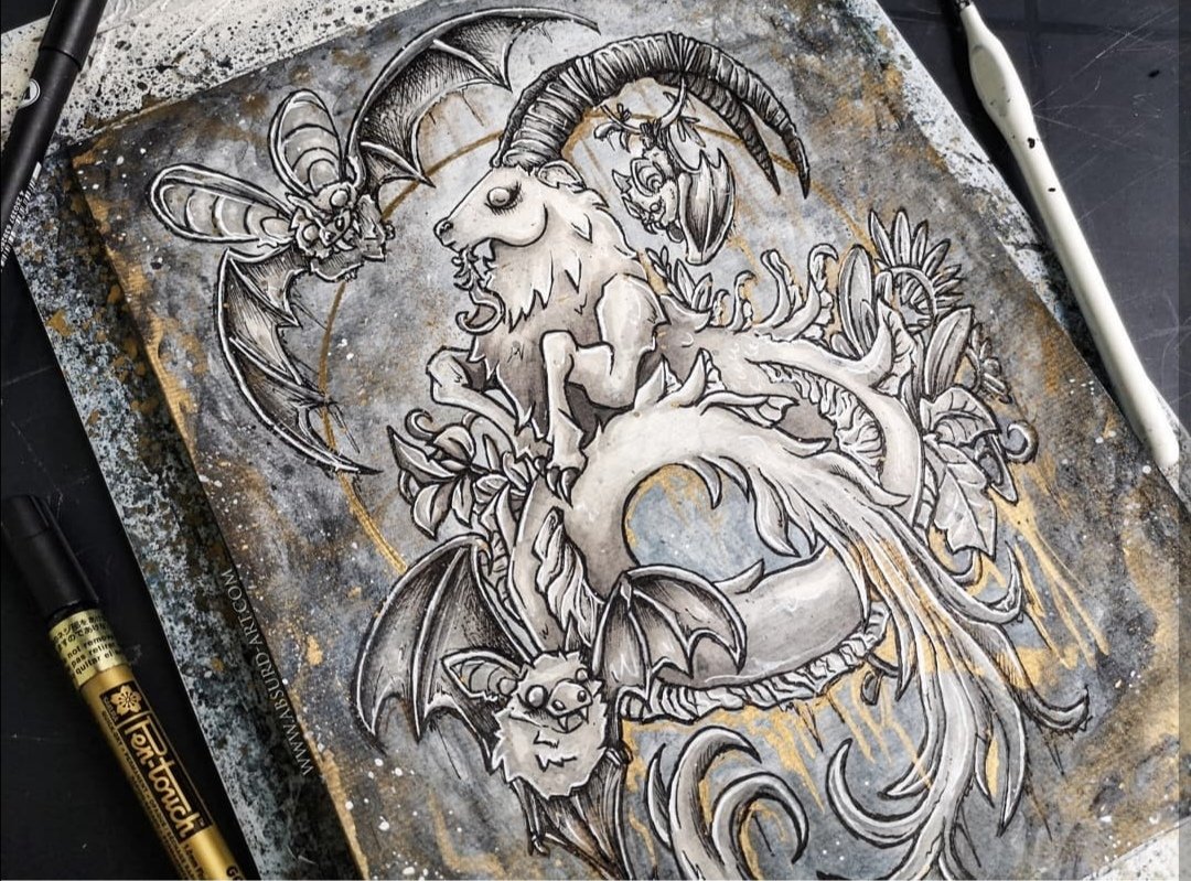 AbsurdArt_'s tweet photo. Sternzeichen Steinbock ist fertig! Gestern Abend war ich das erste Mal live auf Twitch (AbsurdArt) &amp; ihr konntet mir beim Künstlern zuschauen. Vielen Dank für das liebe Feedback. 
Wer hat Lust und Zeit auf einen Inktober Stream am 1.10.? 🎃
#capricorn #capricorntattoo #gothicart https://t.co/JEXMKDBTN3