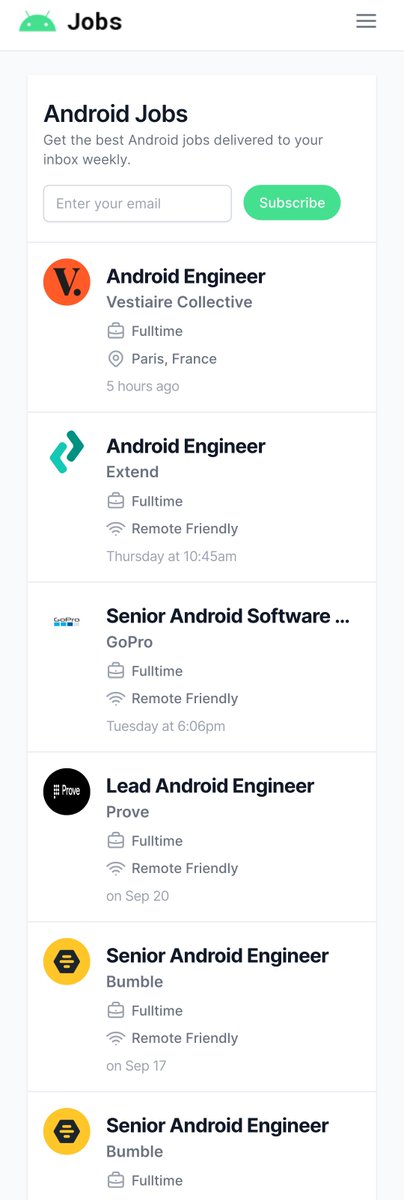 Looking for an Android job?
Looking for an Android professional?

Job postings are free on AndroidJobs.io

Many great companies post their jobs there. You're next. :) You can also subscribe to job notifications.