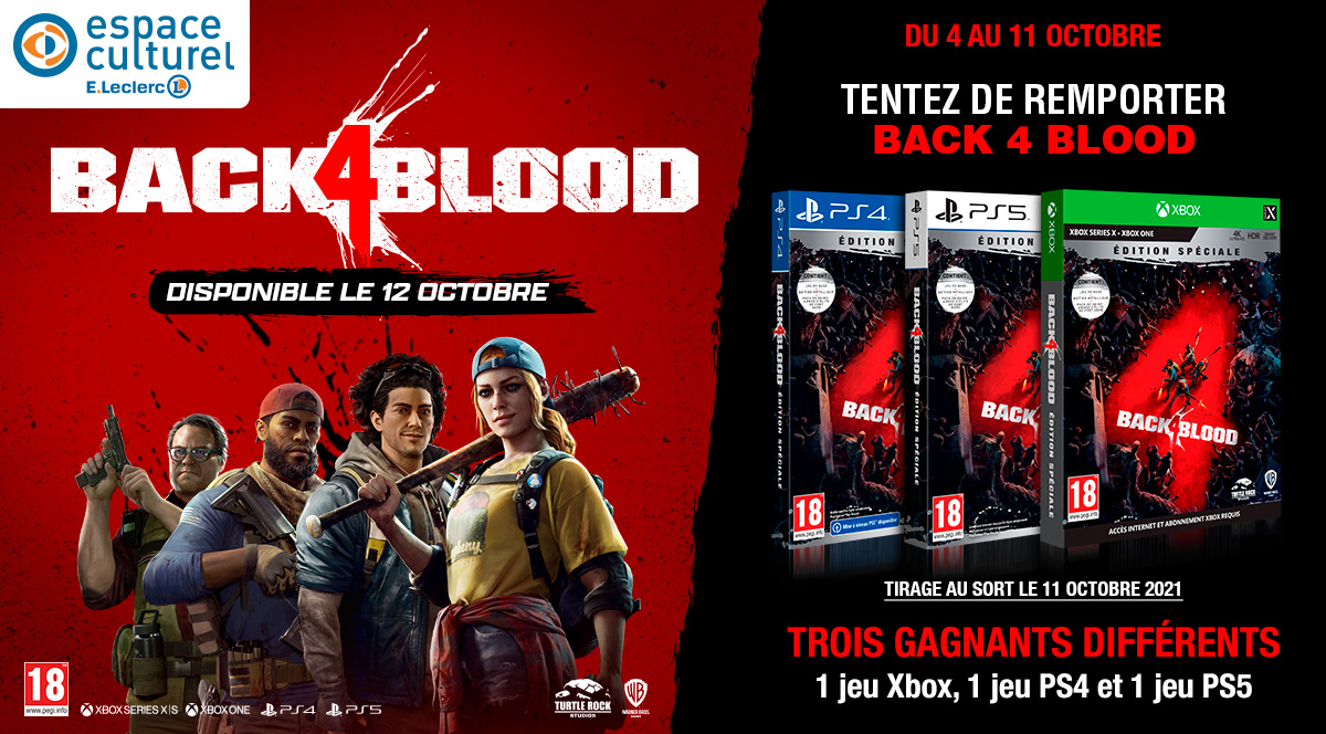 Leclerc_JV's tweet photo. Prêt à affronter des hordes d'infestés ? Alors participez à notre #concours afin de remporter #Back4Blood
3 gagnants #Xbox #PS4 #PS5 🥳
TAS le 11/10

Pour participer : RT + Follow @Leclerc_JV et @wbgamesfr 

Précommandez▶️https://t.co/4iluhaTIq3
Règlement▶️https://t.co/vZ7n0KRnMs https://t.co/Yut9vGnWqv