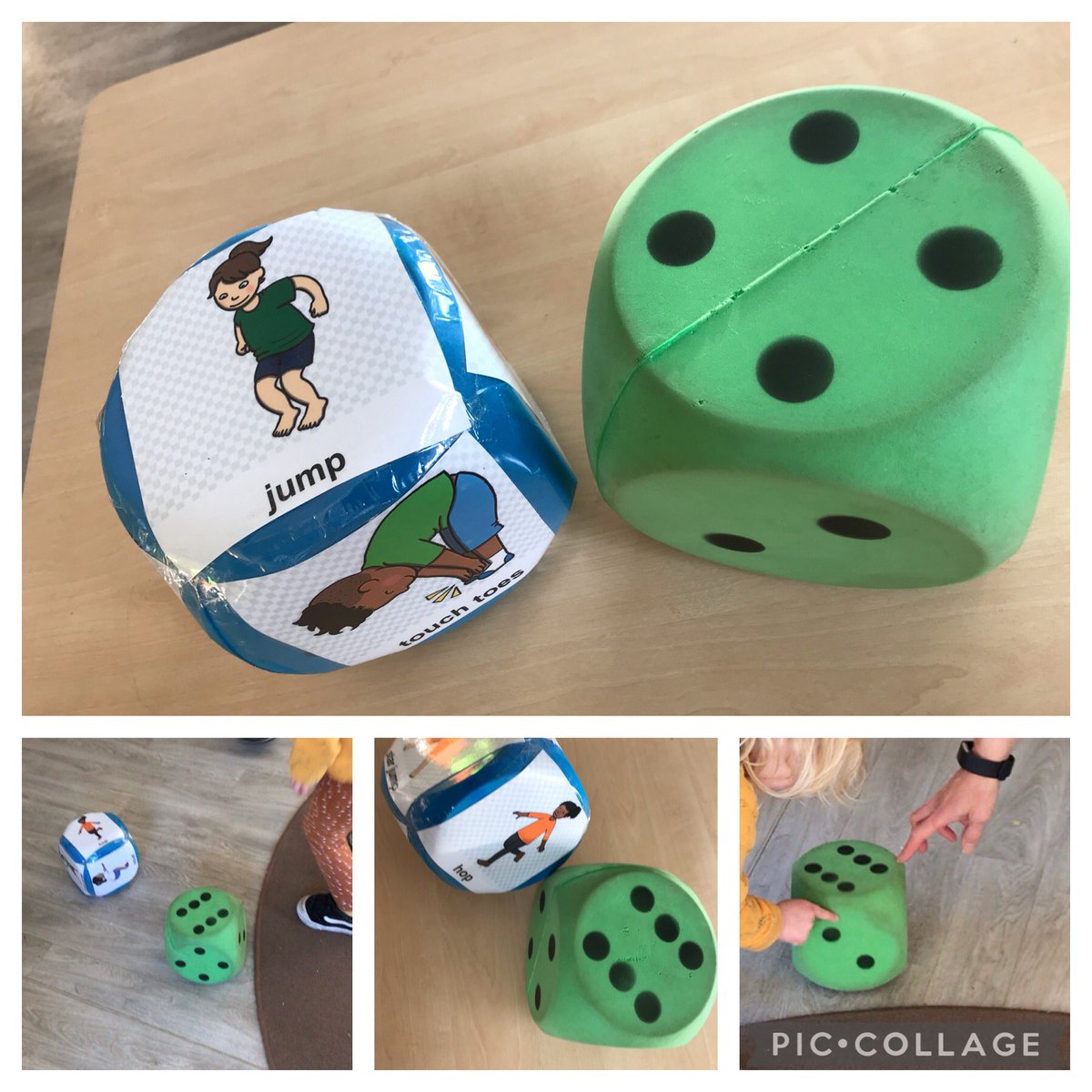 Nursery have been combining maths and physical activity with these dice. Throw the dice and do the activity for x number of times. Making early level maths fun. #MathsWeekScot @twinklresources