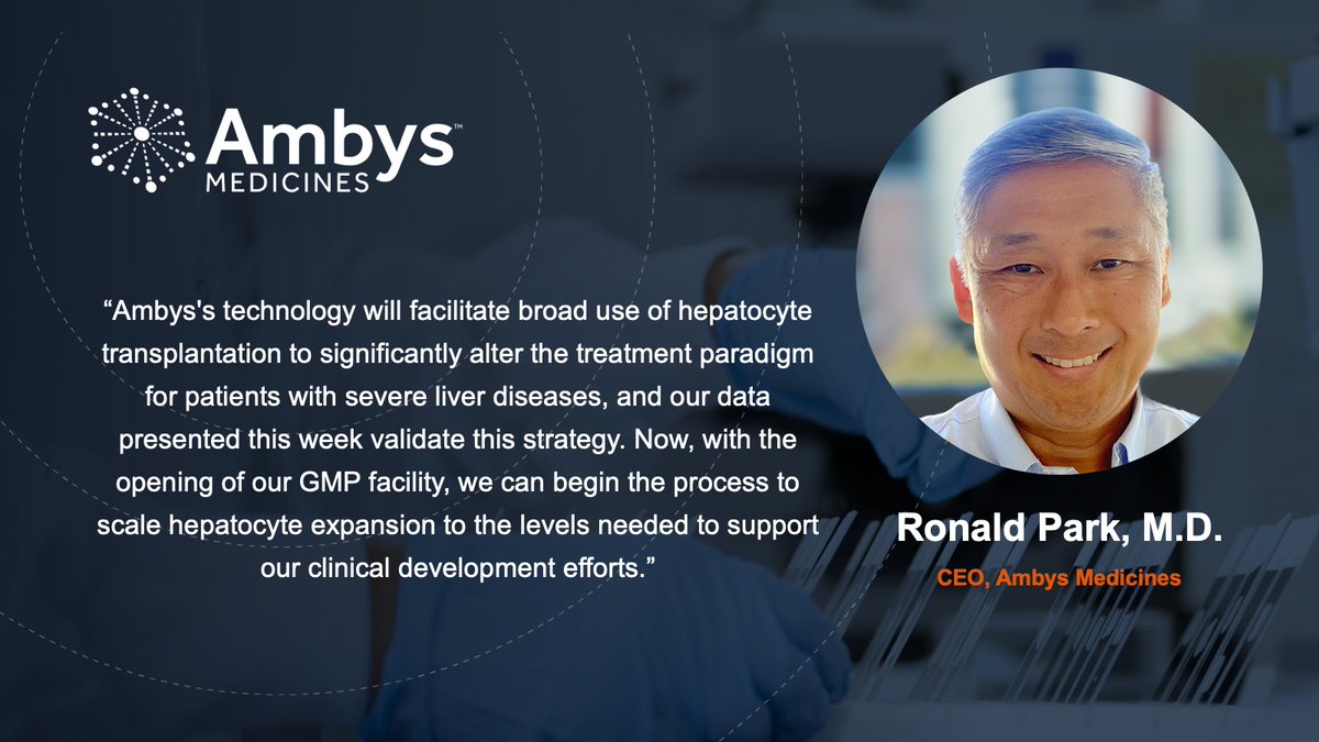 Ambys Medicines announces a presentation on our liver cell therapy platform and the opening of our new cGMP manufacturing facility! Read the full press release here: ambys.com/news/#press-re…