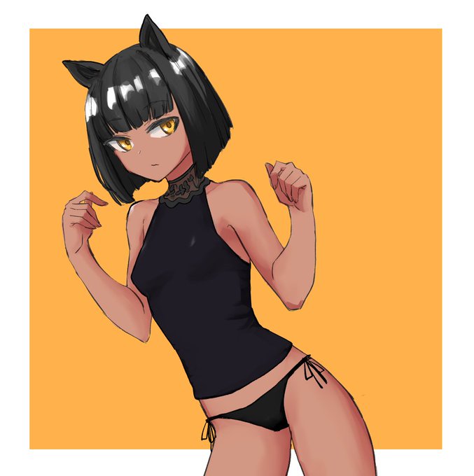 褐色黒髪おかっぱ金眼スレンダー黒パンツプリケツのクール系ケモミミ少女の幻想を見たのでそんな絵を描きました 