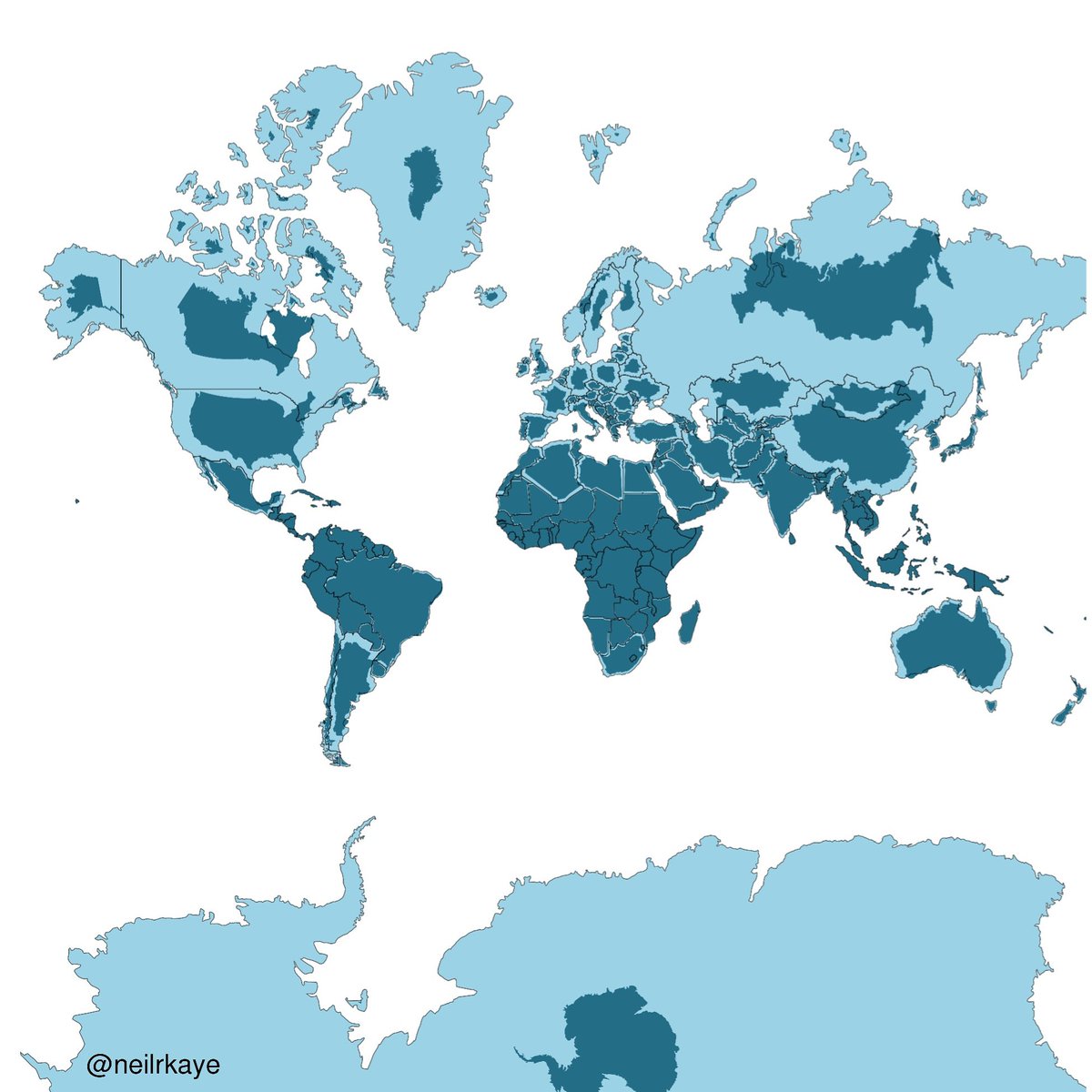 World Mercator map projection with true country size and shape added