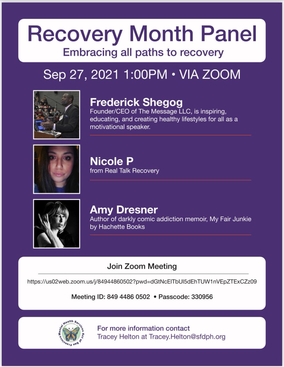 AmyDresner's tweet photo. This is happening today at 1 pm PST time. Mostly for the clients but open to the public. #RecoveryMonth @Themessagellc @traceyh415 #allpaths #wedorecover #myfairjunkie https://t.co/dGyRL4aBlr