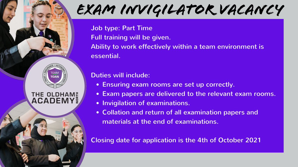 OldhamAcademy's tweet image. We are looking to expand #TEAMTOAN by recruiting an exam invigilator who would be able to provide support during the busy exam periods throughout the academic year. Below is some information and you can apply via the link below. #recruitment #invigilator
eact.face-ed.co.uk/Vacancies/Deta…