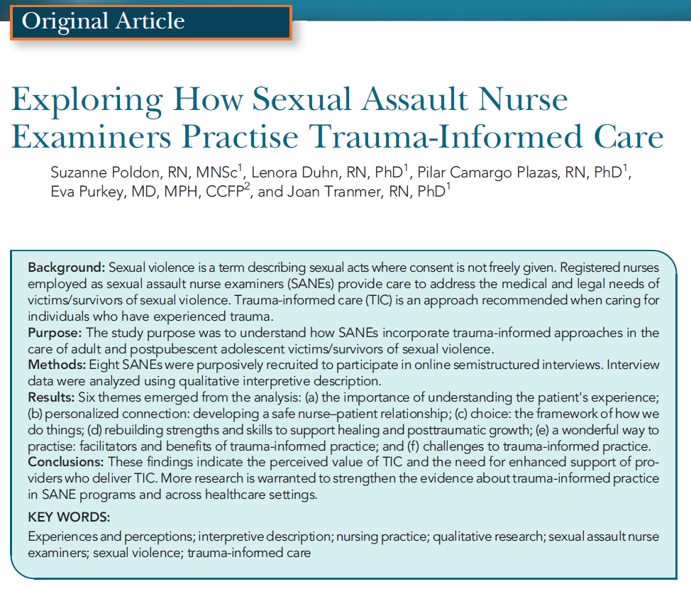 Suzanne Poldon's important Master's qualitative study is now published in the Journal of Forensic Nursing - "Exploring How Sexual Assault Nurse Examiners Practise Trauma-Informed Care" - well done Suzanne! <a href="/KTerna/">Erna Snelgrove</a> <a href="/janephilpott/">Jane Philpott</a> @QueensuSON <a href="/QueensuHQ/">Queen's Health Quality Programs</a> <a href="/queensualumni/">Queen's Alumni</a> <a href="/Queens_HSPRI/">Health Services and Policy Research Institute</a>