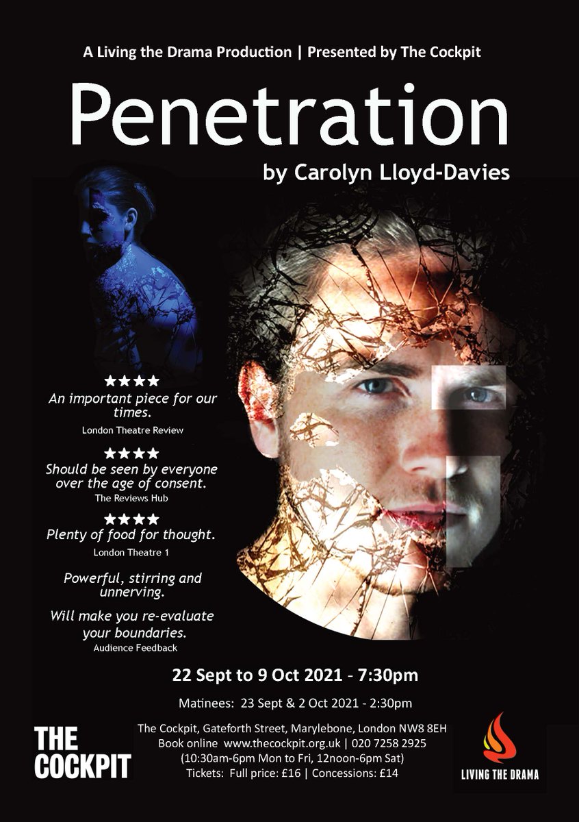 Just so lovely to add our three 4-star #theatre #reviews on our #penetrationtheplay poster, we are thrilled. We're on <a href="/cockpittheatre/">The Cockpit</a> until 9 October, and tickets are still available. #backonstage #consent #coercion #confusion <a href="/carolyn0504/">Carolyn Lloyd-Davies</a> @stephandknee 
thecockpit.org.uk/show/penetrati…