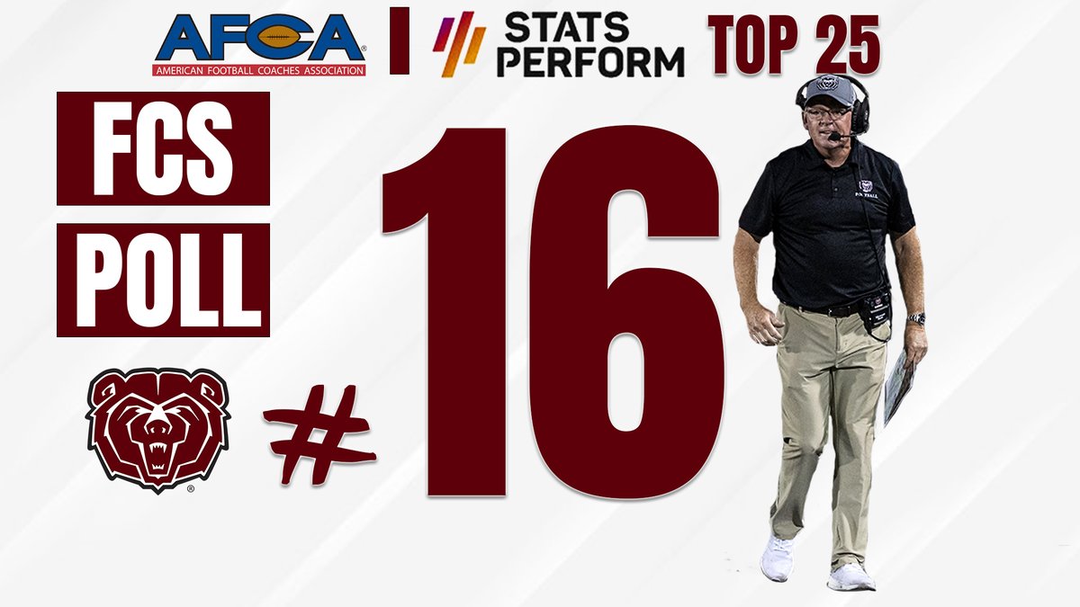 MoStateFootball's tweet photo. Movin' on up! Bears are up two spots to number 16 in both FCS polls this week! Thanks, fans for your support in making Saturday's win so special! @FCS_STATS @WeAreAFCA @ValleyFootball https://t.co/CEMyxzADv2