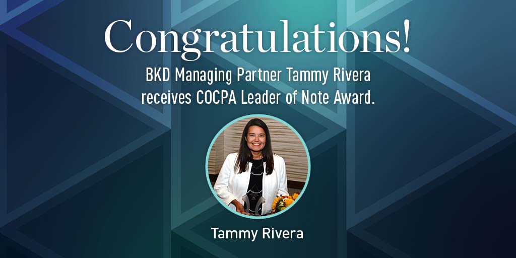 ForvisMazarsUS's tweet photo. Congrats to our #TrustedAdvisor Tammy Rivera for receiving the Leader of Note Award from the Colorado Society of CPAs. This great achievement reflects her dedication to #UnmatchedClientService. https://t.co/YYRvrK2S1G