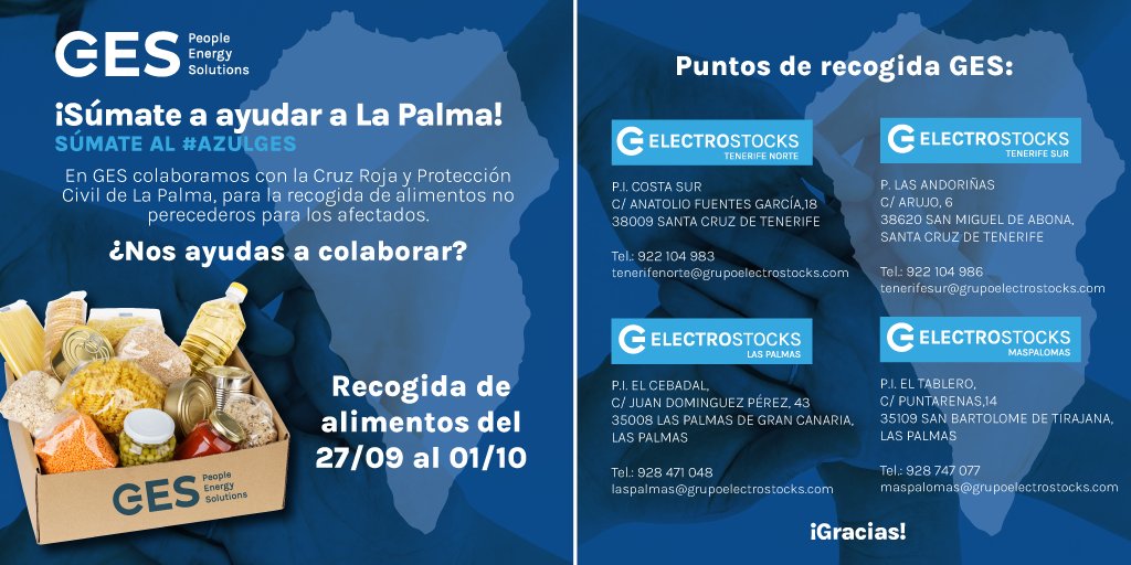 ElectroStocks's tweet photo. 📢 A partir de hoy 27/09 y hasta el 01/10, nuestros puntos de venta #GES de Canarias, actuarán como puntos de recogida de alimentos no perecederos para enviar a La Palma.
Ahora es el momento de sumar con tu ayuda.
https://t.co/cBlw9vYyy0
Súmate a La Palma, ¡súmate al #AzulGES! https://t.co/l0isZxgdKF