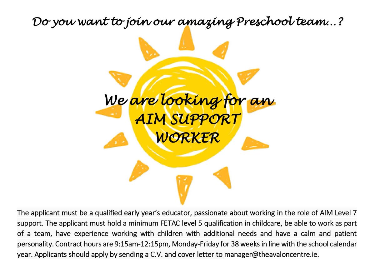 We are looking for an AIM support worker to work in our Bright Minds Preschool service😀 <a href="/SligoCCC/">Sligo County Childcare Committee</a>