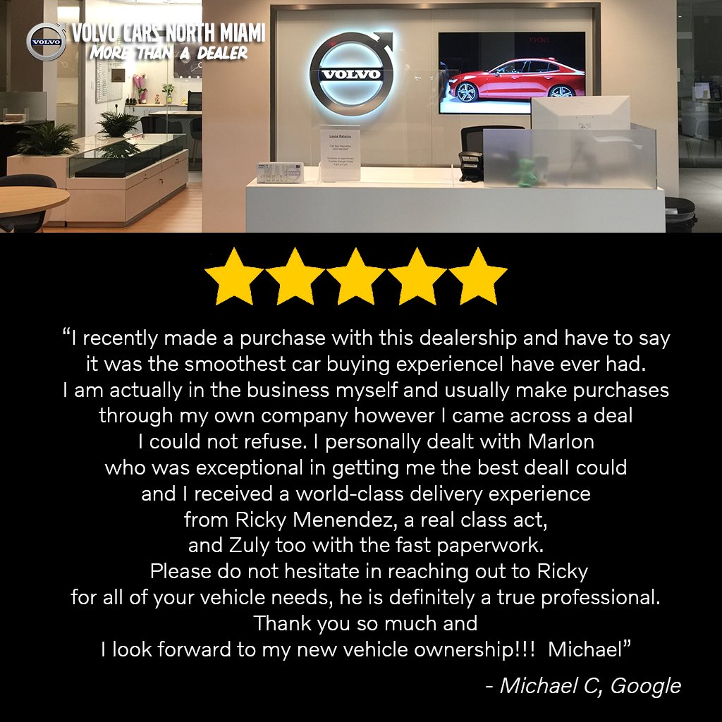 VolvoNorthMiami's tweet photo. Our #reviewsspeakforthemselves!📣

Michael, welcome to our #VolvoFamily. Thanks for trusting us and made your transaction online. We are so happy you received an exceptional experience with Marlon, Zuly, and that "world-class" delivery to you in Tampa from Ricky.😉 #Volvocarusa https://t.co/zzs8XRDaw2