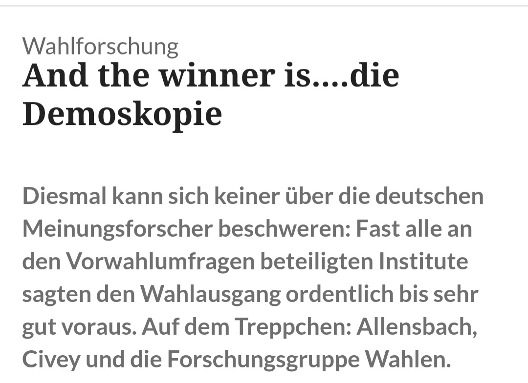 Ich freue mich sehr, dass wir bei <a href="/civey_de/">Civey</a> wieder verlässliche #Wahlumfragen veröffentlichen konnten. Unsere Erhebung zur #btw21 bekommt sogar die Silbermedaille. Darauf sind wir sehr stolz. Insgesamt hat Branche gute Umfragen erhoben. <a href="/m_forschung_de/">marktforschung.de</a> marktforschung.de/aktuelles/mark…
