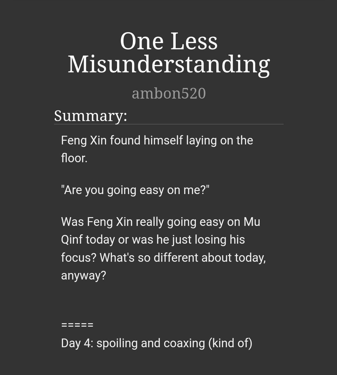 ambon520's tweet photo. i'm lateeee (cries)
and i will continue to be late (cries again)

"One Less Misunderstanding"
https://t.co/8RmkHTEGbZ

Day 4 of #FengQingWeek2021 'spoiling and coaxing' (kind of) https://t.co/s78M23e5rP
