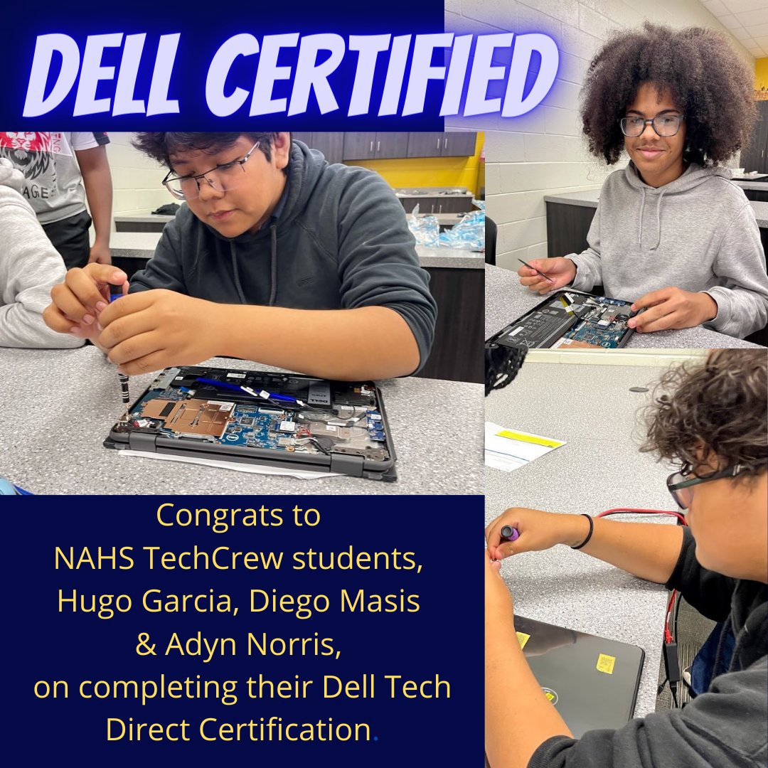 NorthAugustaHS's tweet photo. We now have 3 students Dell Tech Direct Certified at NAHS! Hugo Garcia, Diego Masis & Adyn Norris completed their Dell Tech Direct Certification in just 6 weeks! Our NA TechCrew has completed 50 laptop repairs since the 2nd week of school!
#dellstudenttechcrew #techcrew2021 https://t.co/MK5vaJY3lI