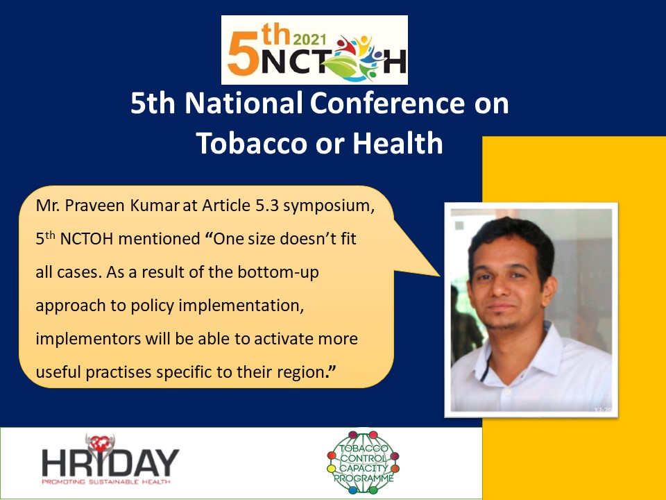 Hriday_Org's tweet photo. Mr Praveen Kumar @Praveen_Policy presented findings from his Article 5.3 research at sub-national level in India and highlighted that effective implementation of WHO Article 5.3 is vital for tobacco control

@ManipalTccp @nctoh2021 @GCRF_TCCP https://t.co/Ssllr3xxS5
