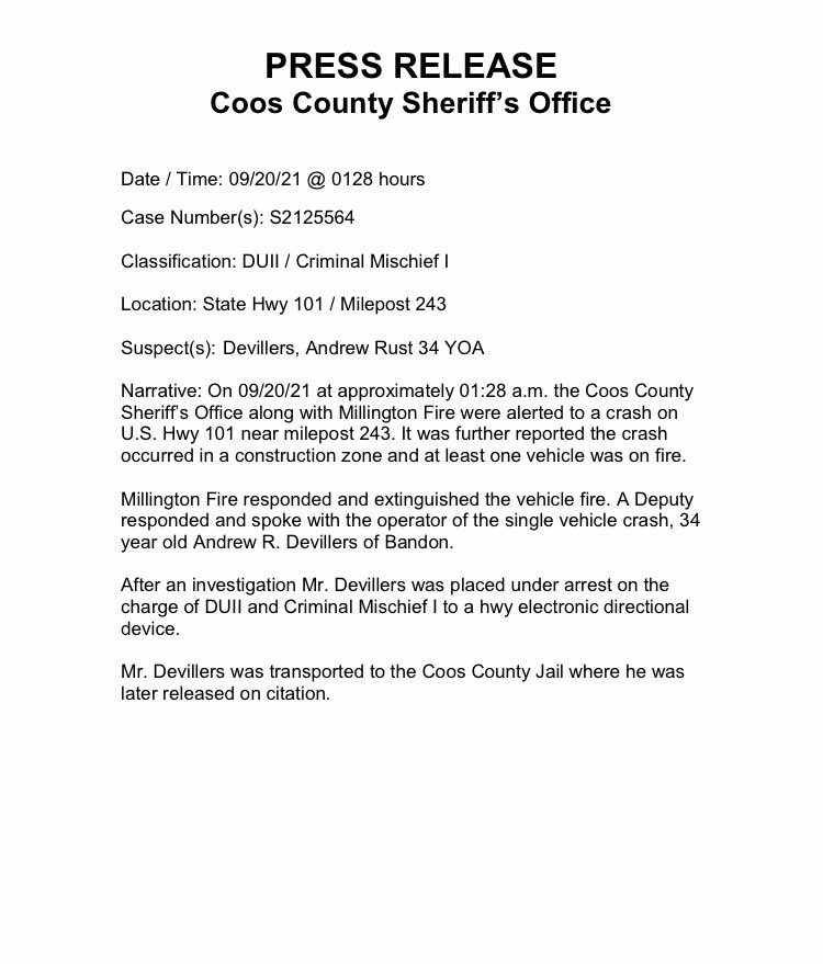 Coos_County_SO's tweet photo. Press Release: DUII, Criminal Mischief I https://t.co/AD3TG5bXkK