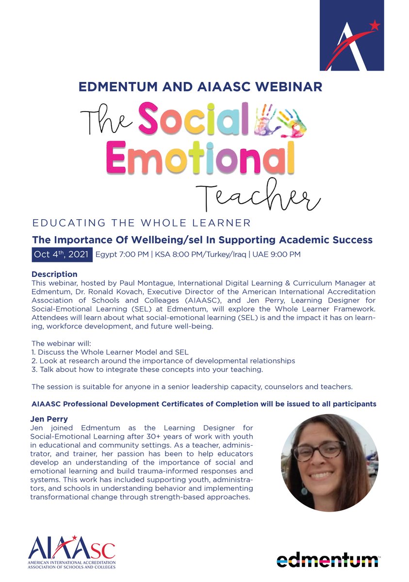 aiaascK12's tweet photo. We are delighted to announce a webinar by @edmentum and AIAASC exploring The Whole Learner Framework.
All #AIAASC school leaders and teachers can register for free.
Advance registration is required.
https://t.co/2GFiUyiUhQ
#SEL
#Edmentum
#InternationalAccreditation https://t.co/uySO7TMBGy