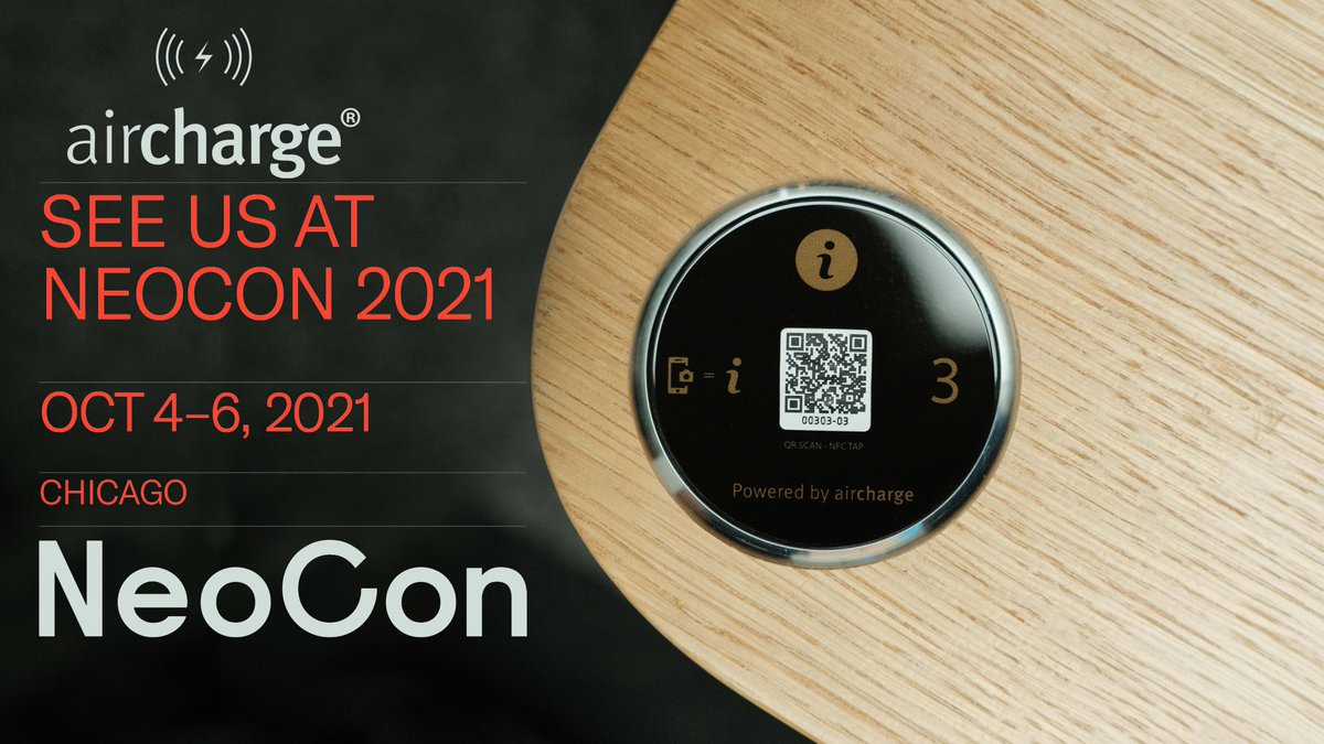 aircharge1's tweet photo. We're excited to be exhibiting at @NeoCon_Shows next week! Head to theMART on October 4โ6 to see best innovations in commercial design, including our latest and greatest in #wirelesscharging and mobile desk #bookingsystems!
#NeoCon2021 #DesignAnew #NeoConExhibitor https://t.co/op2Ytp3atG